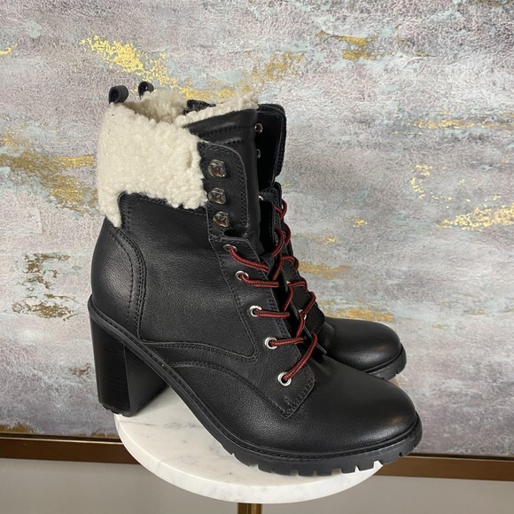 Nine West Boots Womens Size 9.5 Black Faux Leather Fur Lined Combat Heel Ankle - Picture 2 of 10